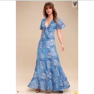 NWT Lulus Wings of Love Blue Print Maxi Dress